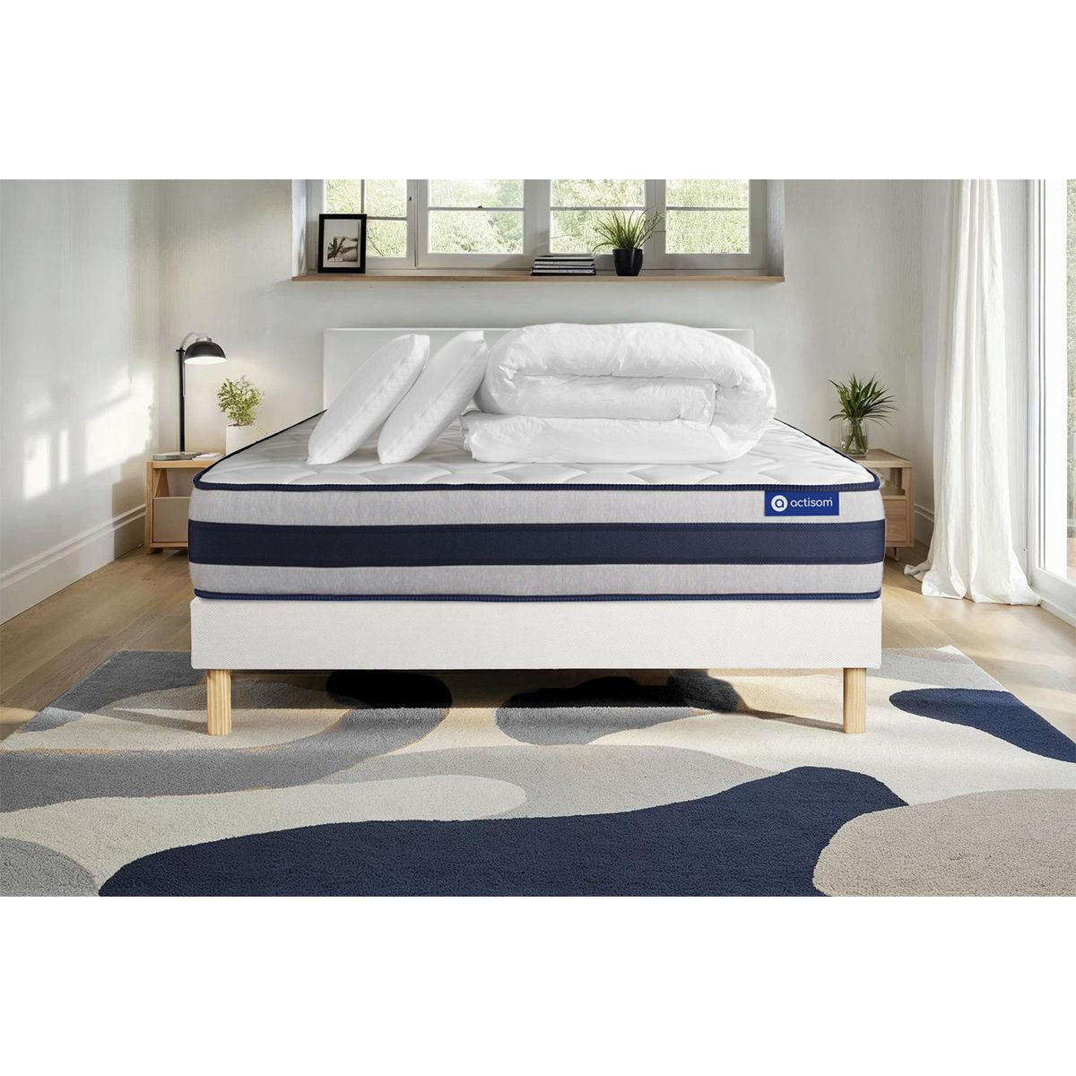 BETT Actimemo ergo Memory-Schaum 140 x 190 cm h3 - Kit Bettgestell Weiß - Mit Kissen und Bettdecke - Beige/Weiß, Karton/Holz (140/190cm) - ACTISOM