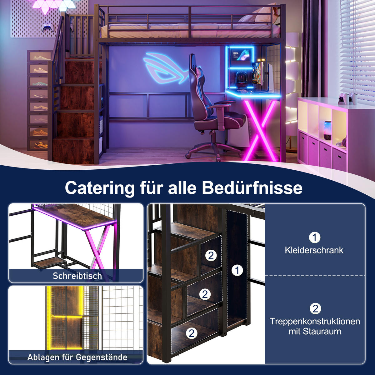 HOCHBETT 90/200 cm in Schwarz mit LED, Ablageleiter, Schreibtisch, Kleiderschrank und Regal - Schwarz, Holzwerkstoff/Metall (90/200cm) - STILVORA