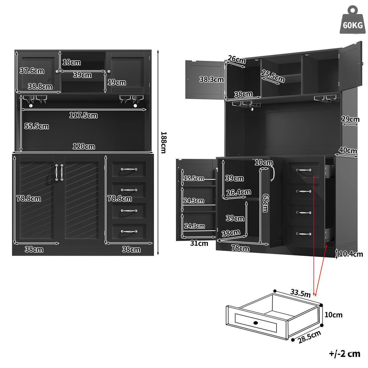 BUFFET 120/40/188 cm aus MDF mit LED-Beleuchtung Schwarz - Schwarz, Holzwerkstoff (120/188/40cm) - Modenvie