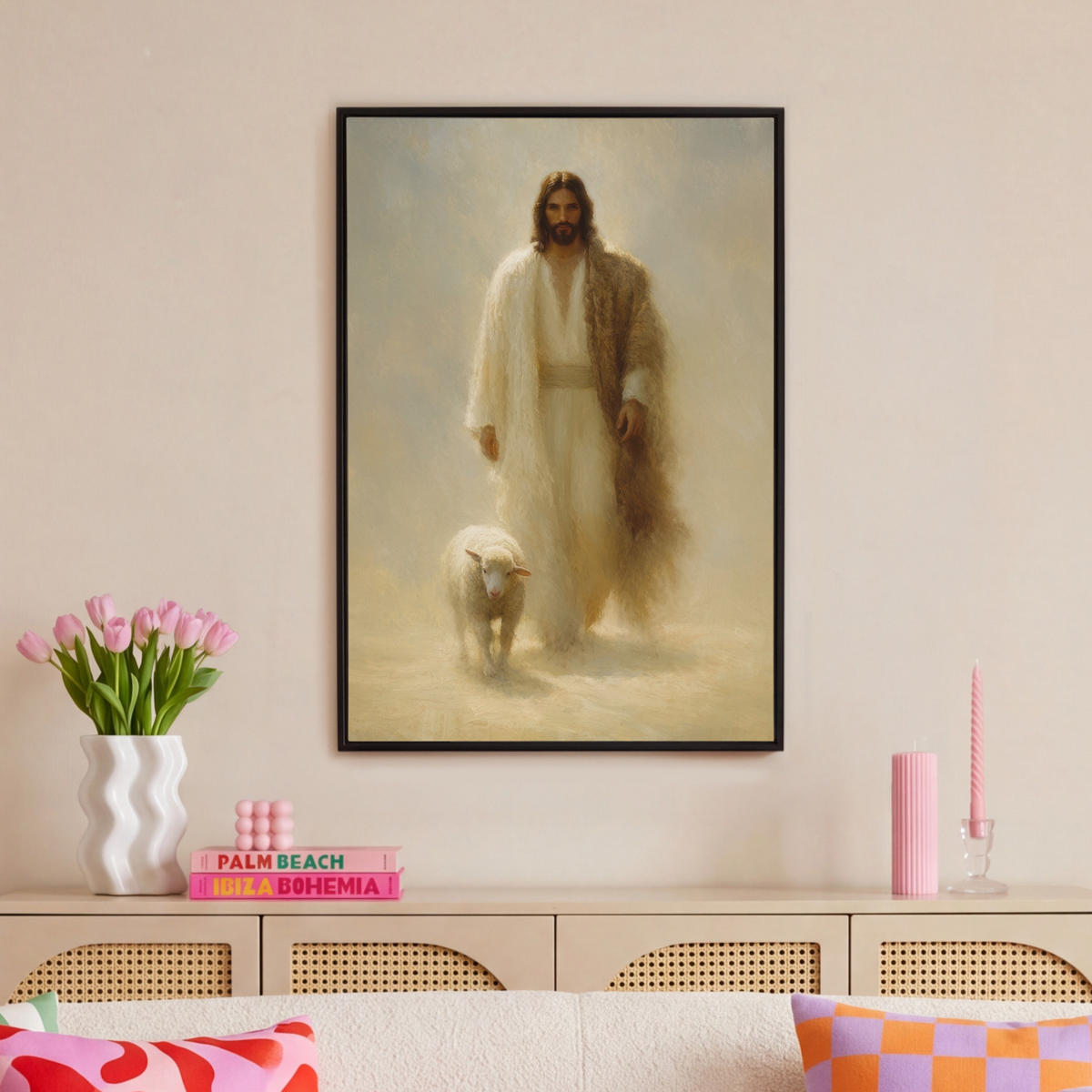 LEINWAND Bilder mit Rahmen - Schaf - Jesus - Pinselstriche - Abstrakt - 60x90 - Beige, Textil (60/90cm) - MuchoWow