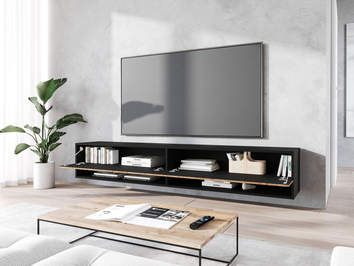 TV-MÖBEL Wander Schwarz-Grafit / Wotan-Eiche mit Fischgrätmuster 180 cm - Schwarz, Holzwerkstoff (180/30/31cm) - Selsey