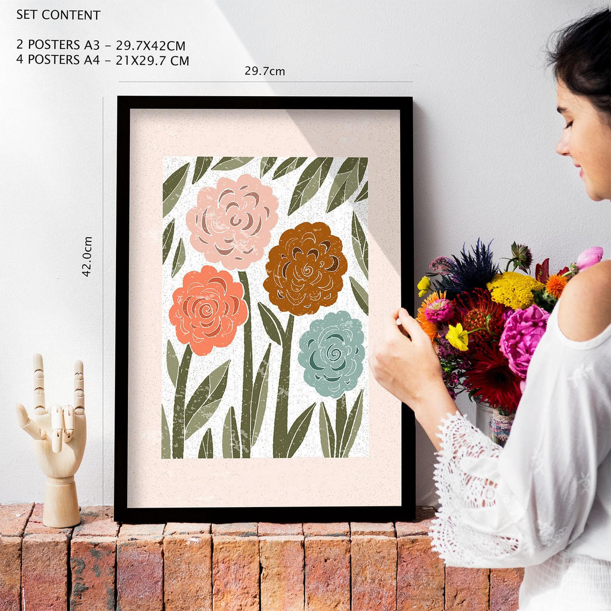 POSTER Set Mit 6 Drucken Blüten In Der Sammlung Ethnischer Style Drucke Dekorative Rahmen Für Zuhause Wandkunstdruck A3 & A4 Rahmen Aus Hellem Holz - Beige, Papier (29/3cm) - Nacnic