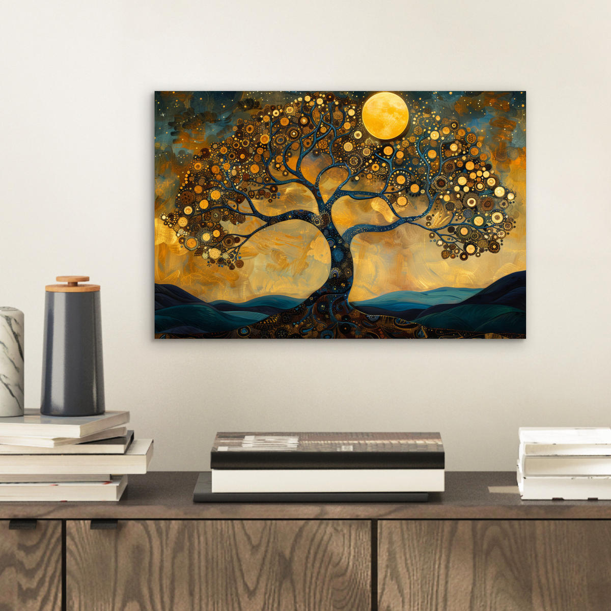 METALLBILD Baum - Mond - Blumen - Gold - Kunst 30x20 cm - Orange, Metall (30/20cm) - MuchoWow