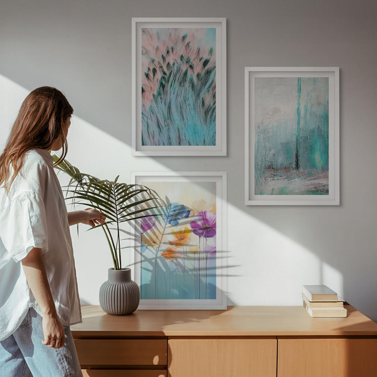 WANDBILDER 3er-Set - 40x60 cm Weißer Rahmen - Hintergrundmuster mit Pastellblumen - Weiß, Kunststoff (40/60cm) - ArtPrintCave