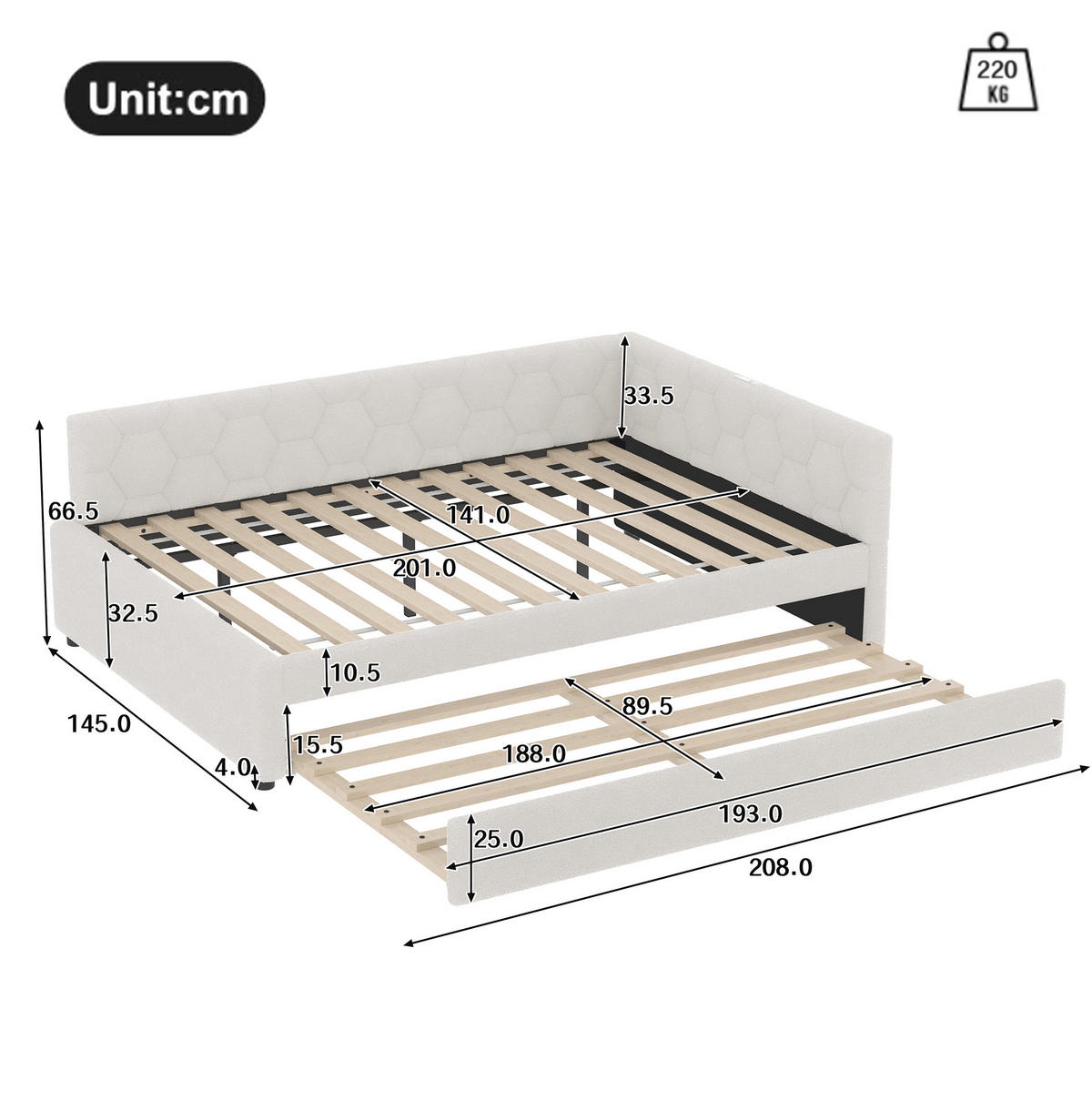 TAGESBETT 140/200 cm mit Ausziehbett, USB- und USB-C-Anschluss, Nachttischlampe und Vliesimitat, Weiß - Weiß, Textil (140/200cm) - Redom