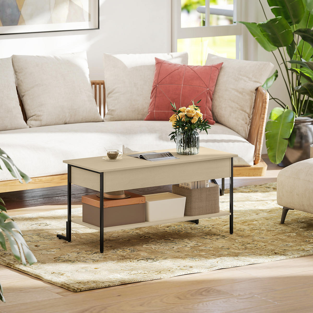 COUCHTISCH Naturfarben und Schwarz höhenverstellbar 95/40/46,5 cm - Naturfarben, Holzwerkstoff (40/95/59cm) - PANGIVO