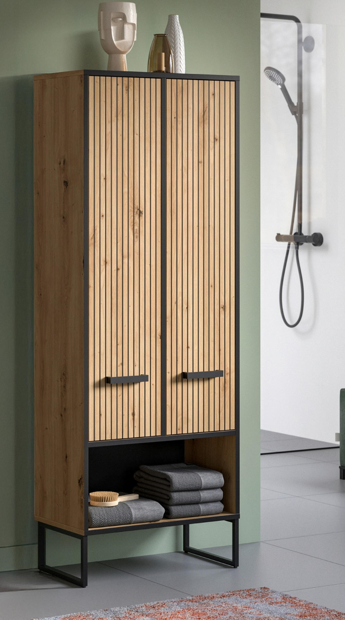 HOCHSCHRANK Eiche Artisan, schwarz 59 cm, Badezimmer Schrank mit Soft-Close - Schwarz/Eiche Artisan, Holzwerkstoff/Kunststoff (59/159/32cm) - Inn.Furn