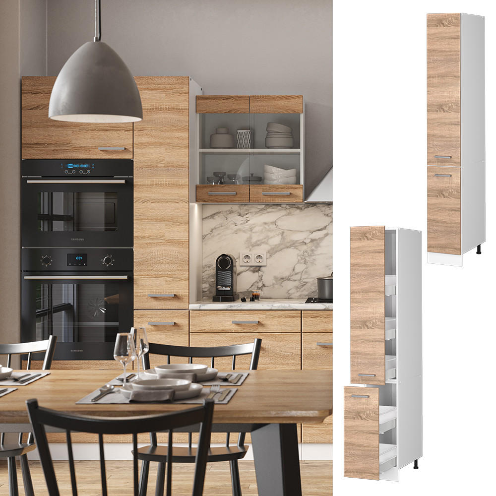 APOTHEKERSCHRANK R-Line Sonoma 30 cm - Weiß/Sonoma Eiche, Holzwerkstoff (30/206.8/57.2cm) - Vicco