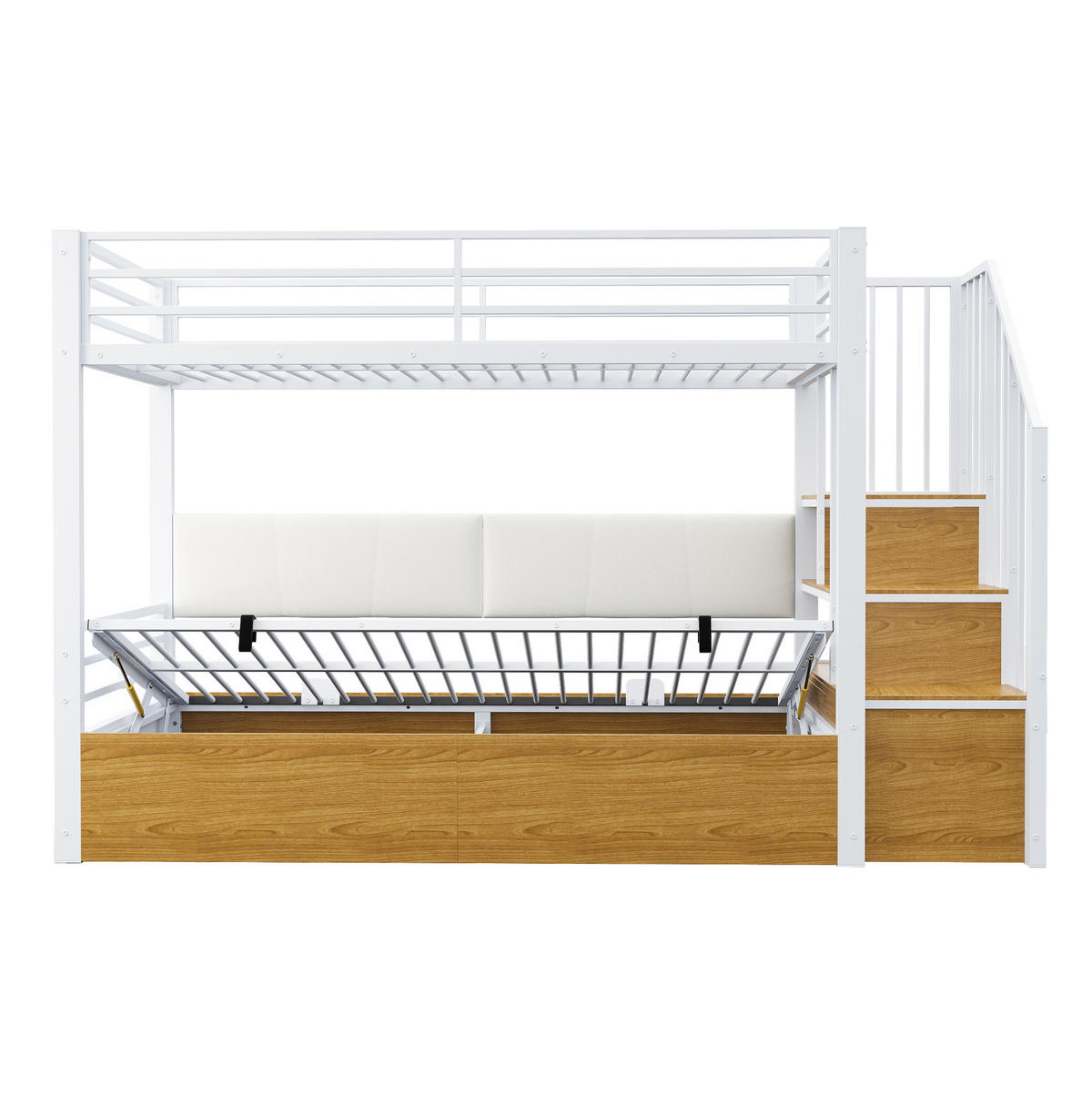 VISOKI krevet 90/200 cm s hidrauličnim spremištem, stepenicama s pretincima i visokim zaštitnim ogradama, Bijeli - bijela, metal (90/200cm) - Redom