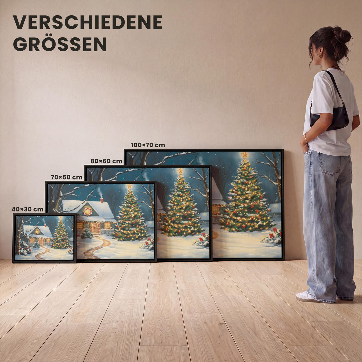 LEINWAND Bilder mit Rahmen - Weihnachten - Weihnachtsbaum - Winter - Zuhause - Schnee - 100x70 - Smaragdgrün, Textil (100/70cm) - MuchoWow