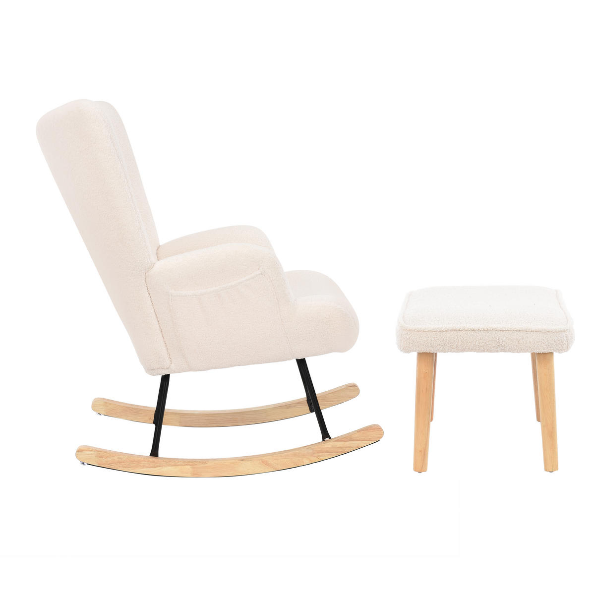 SCHAUKELSTUHL aus Teddyplüsch, mit Kopf- & Fußstütze, Beige - Beige, Holz (66/89/70cm)