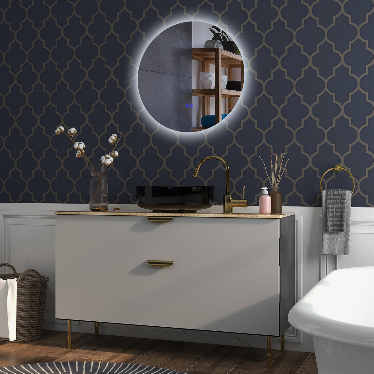 BADEZIMMERSPIEGEL DE-15133 Ø 70 cm mit 3 LED-Farben und dimmbar Grau - Silberfarben, Glas (70/3.5/70cm) - ComfortXL