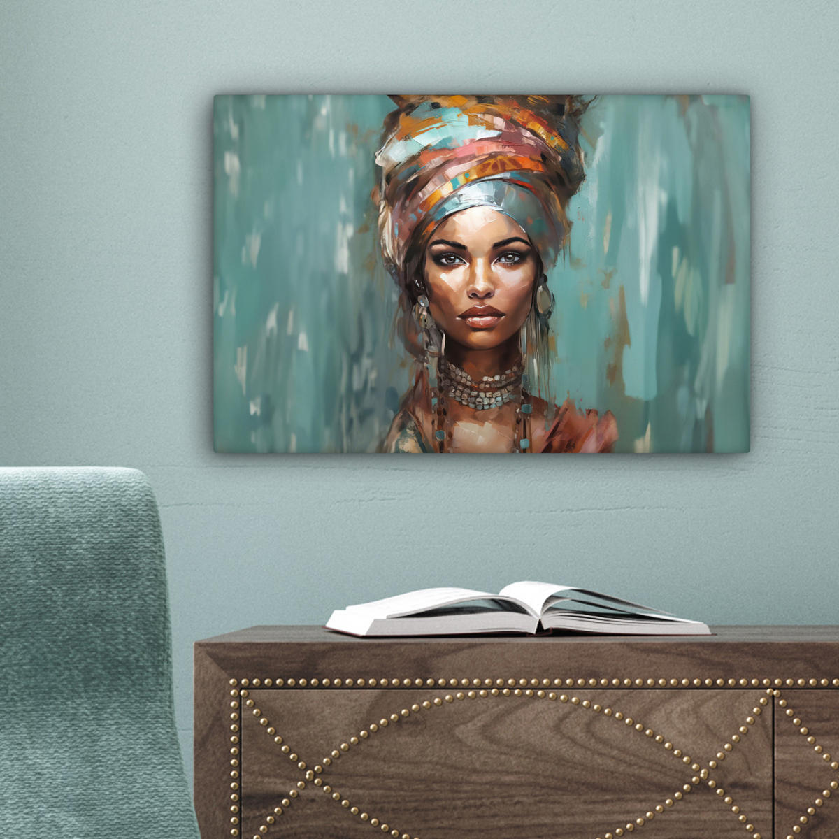 LEINWANDBILD Frau - Kunst - Schmuck - Porträt Deko Schlafzimmer 30x20 cm - Blaugrau, Textil (30/20cm) - MuchoWow