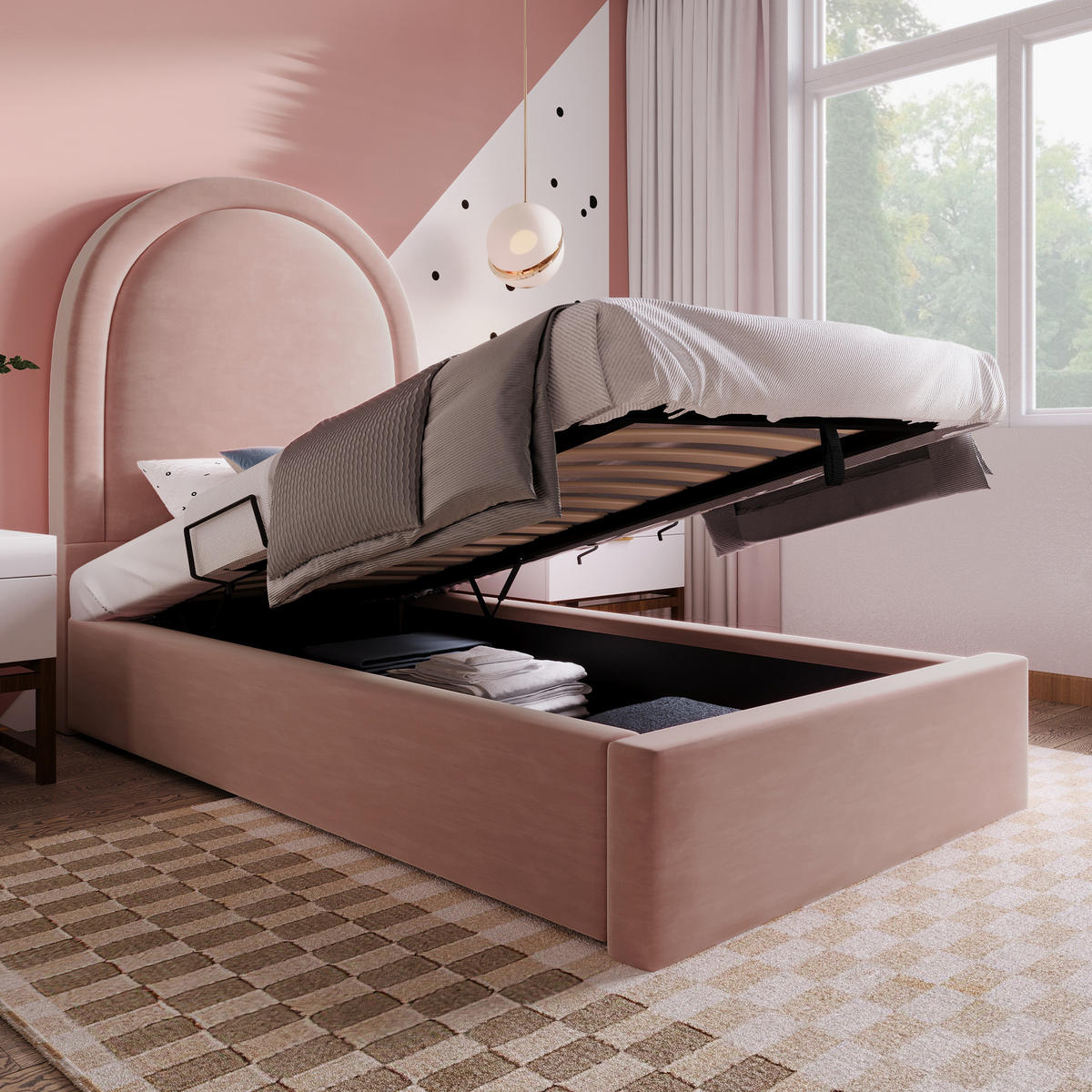 KINDERBETT 90/190 cm in Rosa mit Samtbezug und Bettkasten - Rosa, Textil (90/190cm) - BEAOK