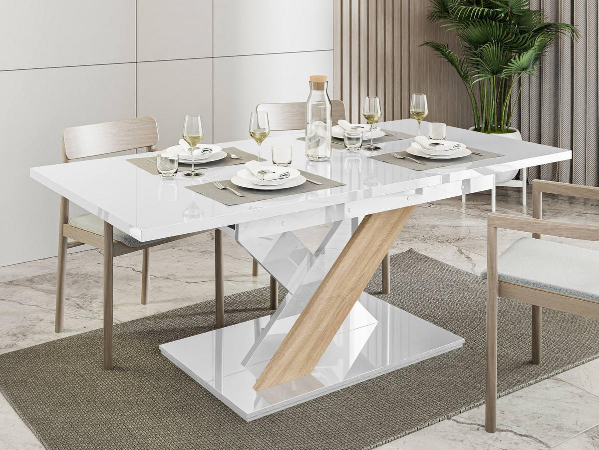 ESSTISCH Bronx - Weiß Hochglanz/Sonoma Eiche, Holzwerkstoff (80/140/76cm) - MIRJAN24