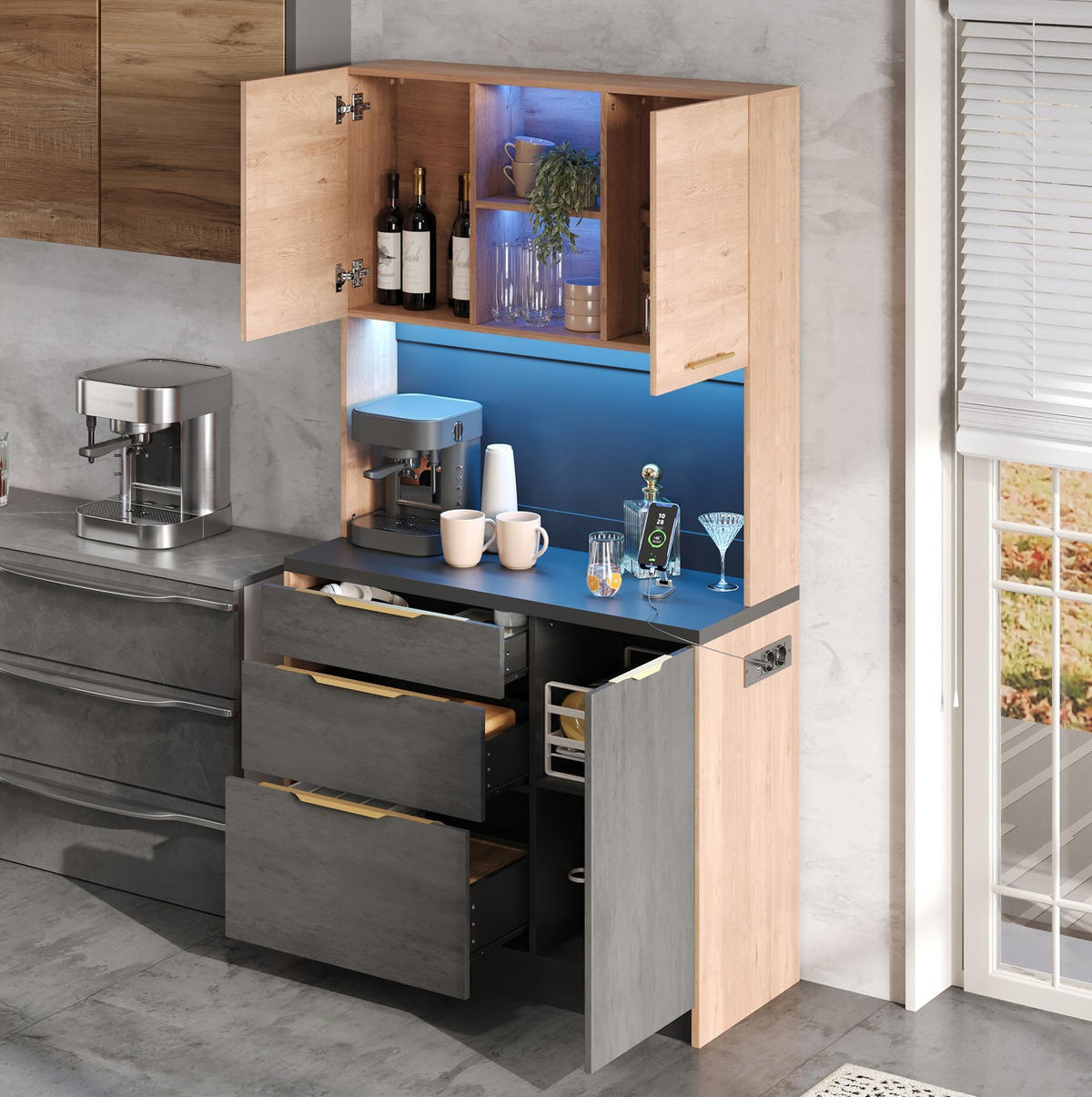 KÜCHENHOCHSCHRANK aus MDF 100x40x180 cm Neutral mit schwarzer Arbeitsplatte, LED-Beleuchtung und Steckdose - Naturfarben, Holzwerkstoff (100/180/40cm) - IVMEU