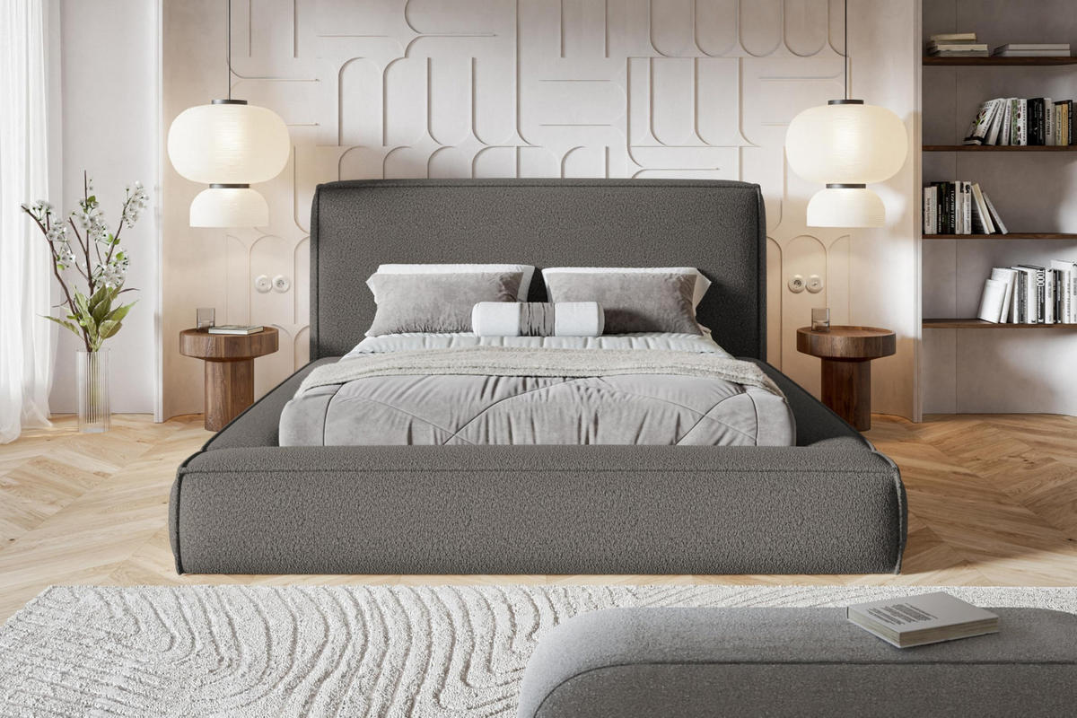 BETT 180x200 - Polsterbett mit Bettkasten und Holzrahmen - Modern Bett - Eleganter Catch-Me-Stoff - Kollektion Luna Maxi - Grau - Grau, Holz/Textil (180/200cm) - Alpi-Möbel