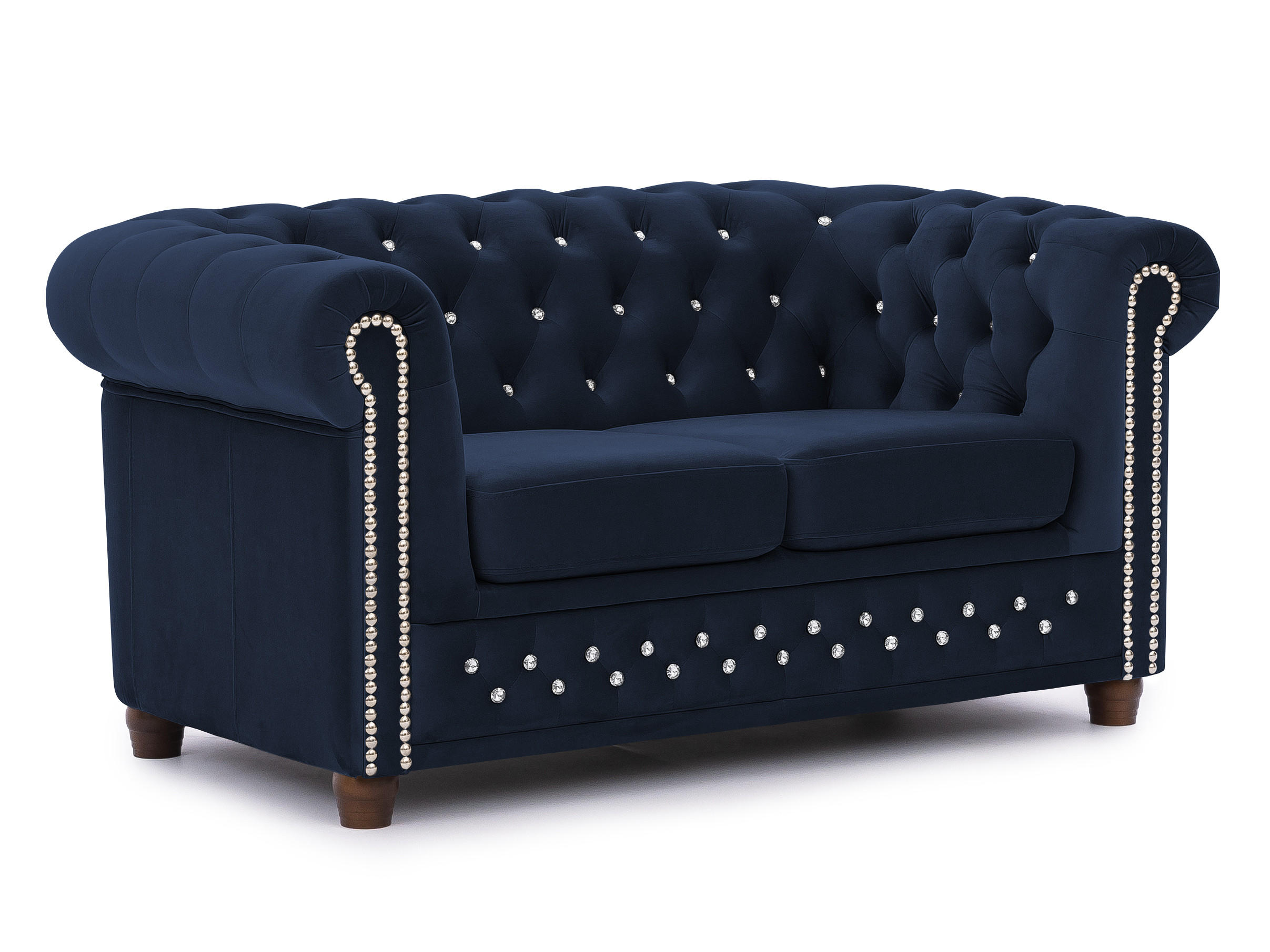CHESTERFIELD-SOFA 2-sitzer Cleo Blink Marineblau Samt mit Kristallsteppung und braunen Massivholzfüßen - Blau/Braun, Holz/Textil (148/72/86cm) - S-Style Möbel