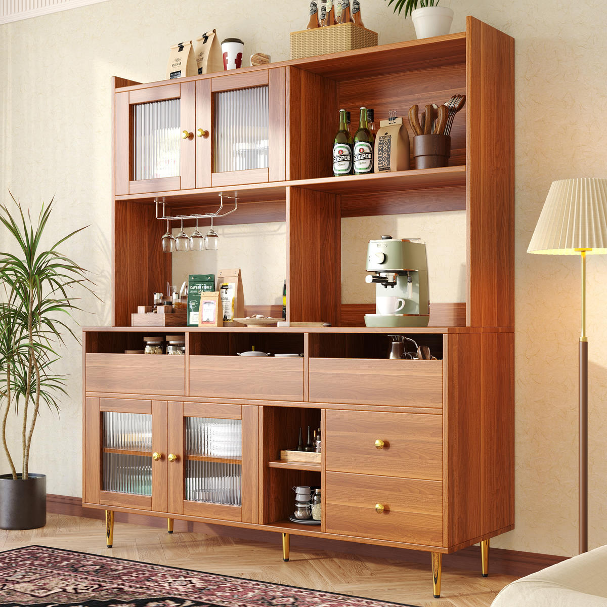 HOCHSCHRANK aus MDF in Walnussbraun mit Changhong-Glastür und Weinregal, 145/39/171 cm, Walnussbraun - Walnussfarben, Holzwerkstoff (39/171/145cm) - Redom