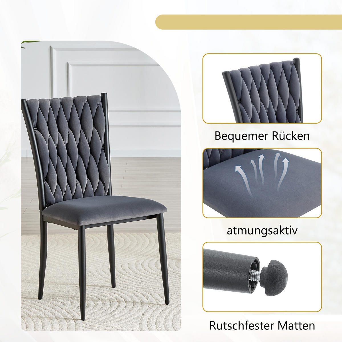 STUHL-SET DE-36807 4 Stück mit handgeflochtenem Muster Dunkelgrau - Dunkelgrau, Metall (45/94/58cm) - ComfortXL