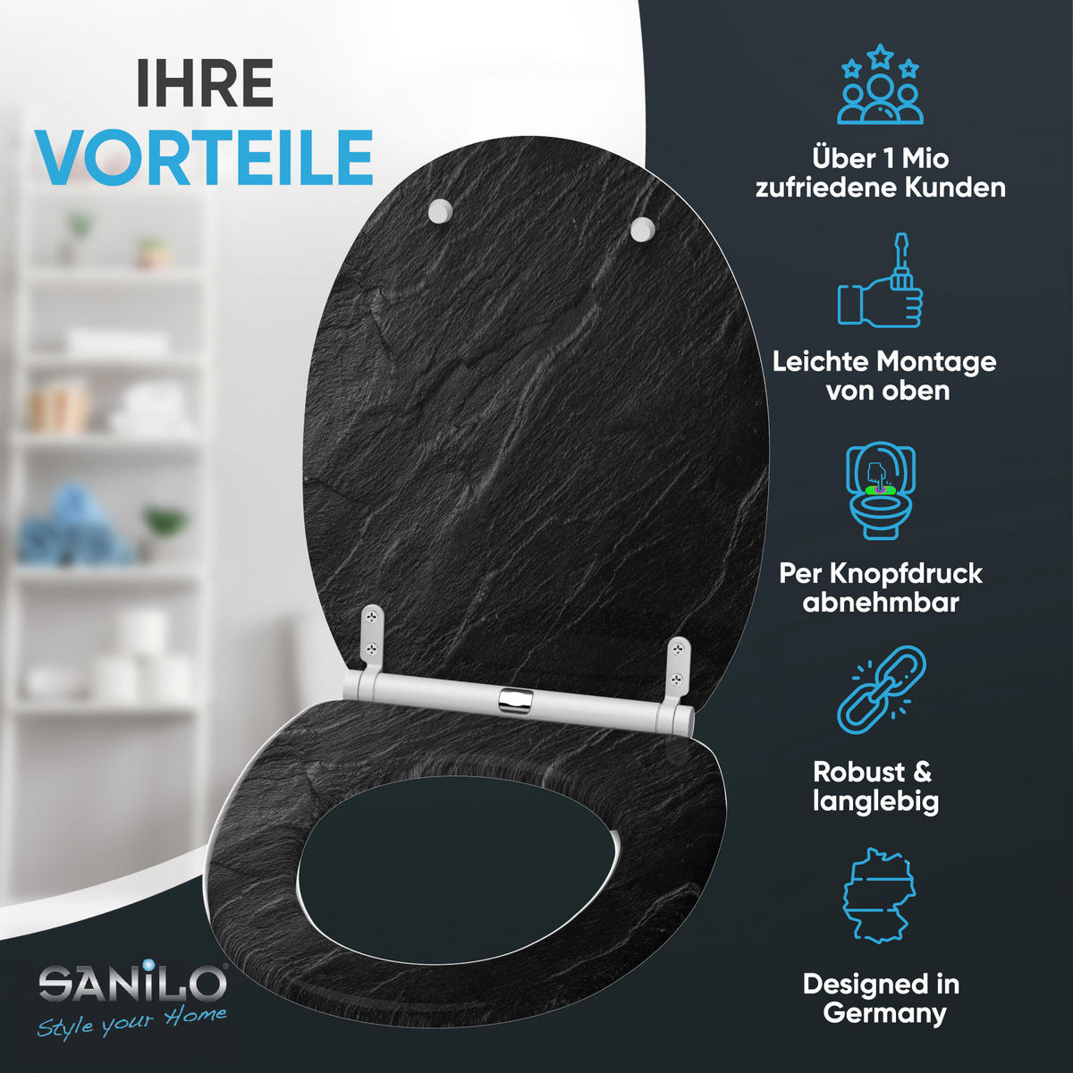 WC-SITZ mit Absenkautomatik & Top Fix Granit - Schwarz, Holzwerkstoff (37.7/5.5/48cm) - Sanilo