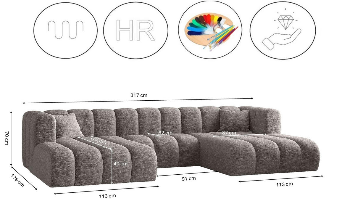 ECKSOFA U-form Grand modular stoff Haga Grau - Grau, Holz (317/179cm) - Kaiser Möbel