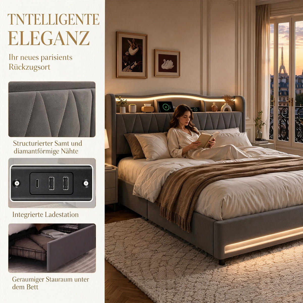 POLSTERBETT 140x200 mit stauraum, doppelbett mit LED, 4 Schubladen, Lattenrost, USB, Kopfteil, Samtstoff, Grau - Grau, Holz/Textil (140/200cm) - GENKI LIVING