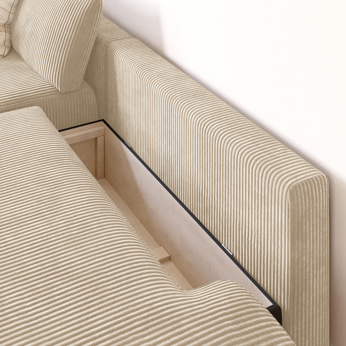 ECKSOFA mit Schlaffunktion - Longchair - Creme/Schwarz, Kunststoff/Textil (253/167cm) - home24