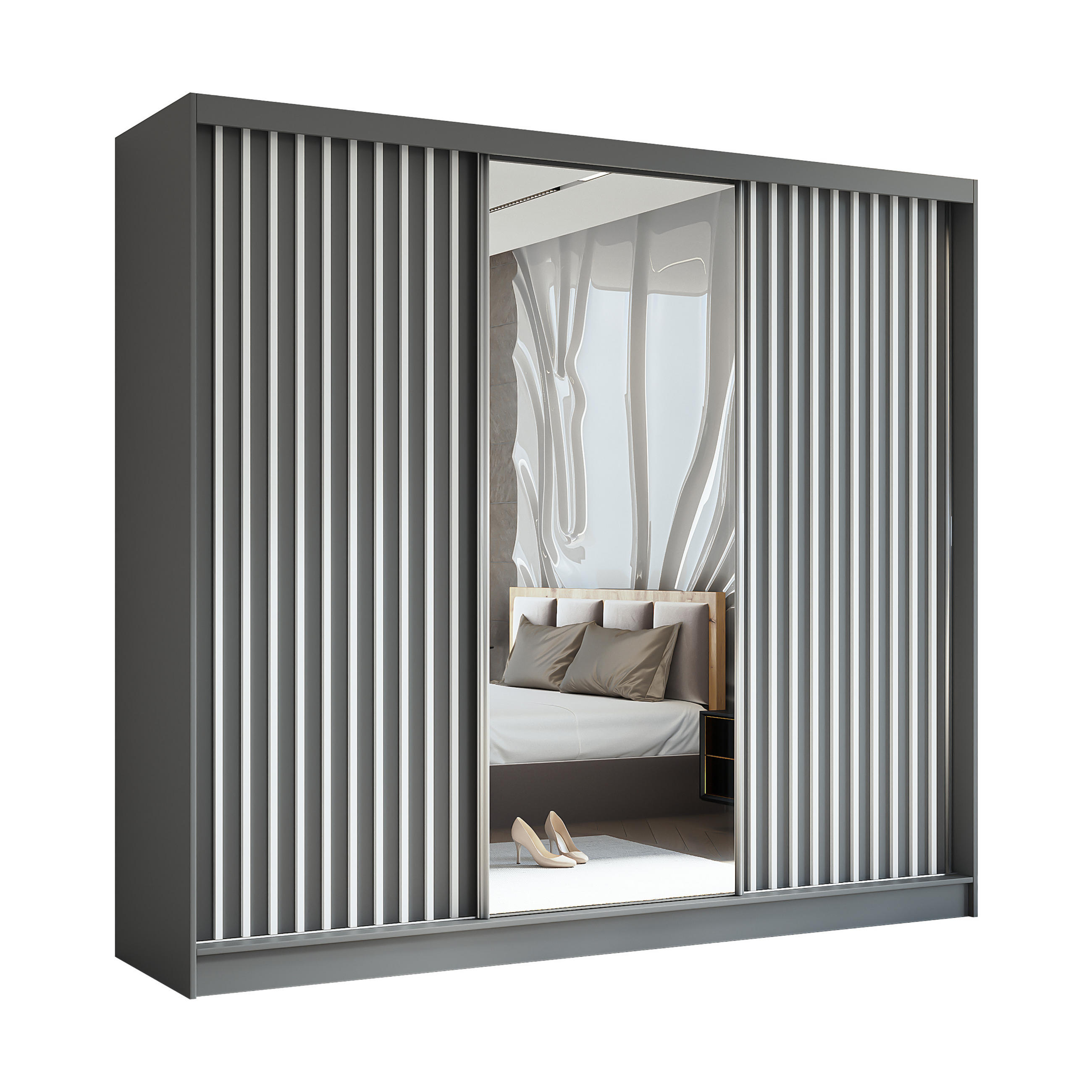 SCHWEBETÜRENSCHRANK Erika 240 cm mit Lamellen und Spiegel 3-türig, grau, grau, Lamelle weiß - Weiß/Grau, Kunststoff (240/216/51cm) - Margaret Hadas24
