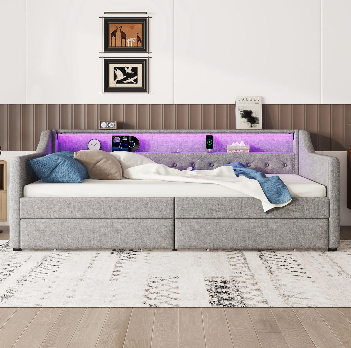 POLSTERBETT aus Leinen 90x200 cm in Grau mit LED & USB & 2 Schubladen - Grau, Textil (90/200cm) - Modfu