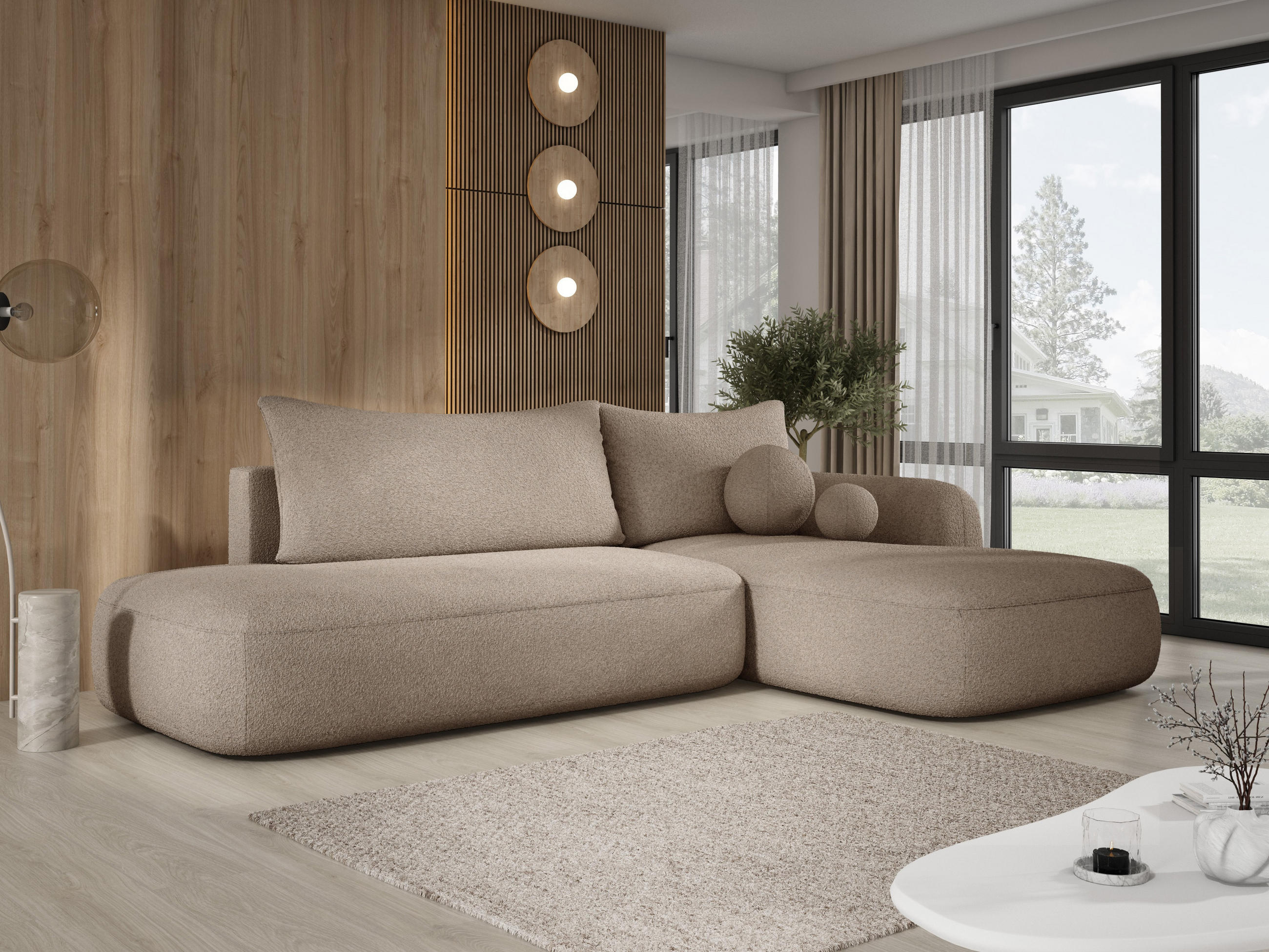 ECKSOFA BABU mit Schlaffunktion, Moderne Polsterecke für Wohnzimmer, funktionales Schlafsofa im Stoff NOW OR NEVER, 300x105x60cm rechte, Beige​ - Cappuccino, Holz/Textil (300/190cm) - DomoHome
