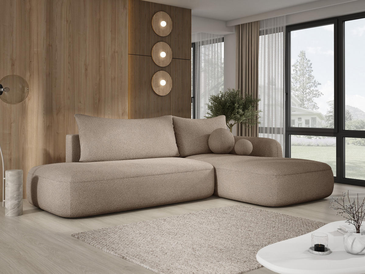ECKSOFA BABU mit Schlaffunktion, Moderne Polsterecke für Wohnzimmer, funktionales Schlafsofa im Stoff NOW OR NEVER, 300x105x60cm rechte, Beige​ - Cappuccino, Holz/Textil (300/190cm) - DomoHome