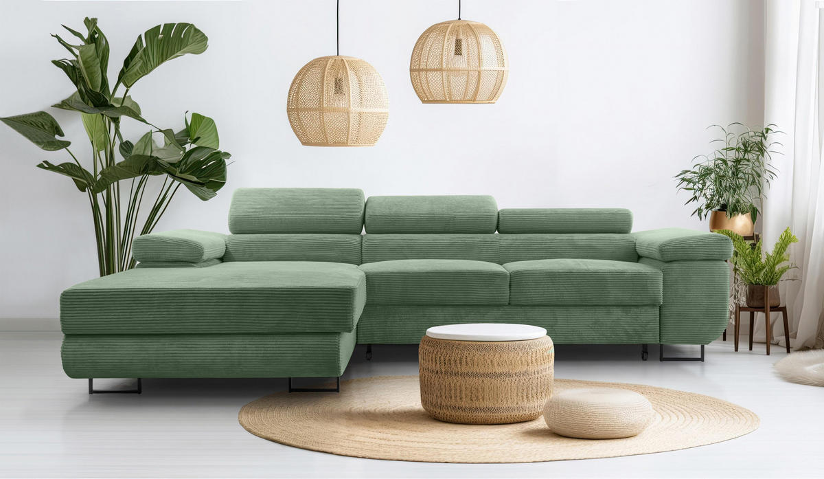 ECKSOFA L Form Arborio Salbeigrün 280/203/90 cm Links mit Schlaffunktion - Schwarz/Grün, Textil/Metall (203/280cm) - AX Living