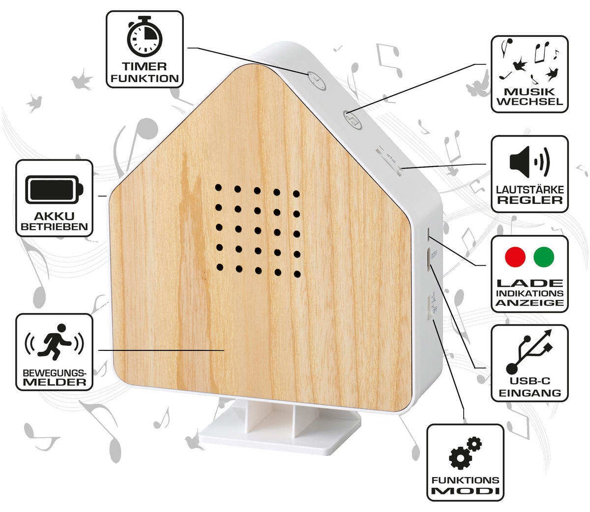 NATURGERÄUSCHEBOX - Echtholz mit Bewegungsmelder und LED-Beleuchtung für entspannende Klänge, 1er-Set - Weiß, Holz (4.1/13/15.8cm) - Northpoint