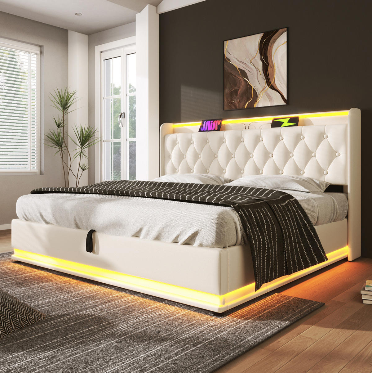 POLSTERBETT mit LED und Stauraum 180x200 cm PU White - Weiß, Metall (180/200cm) - Meubliv
