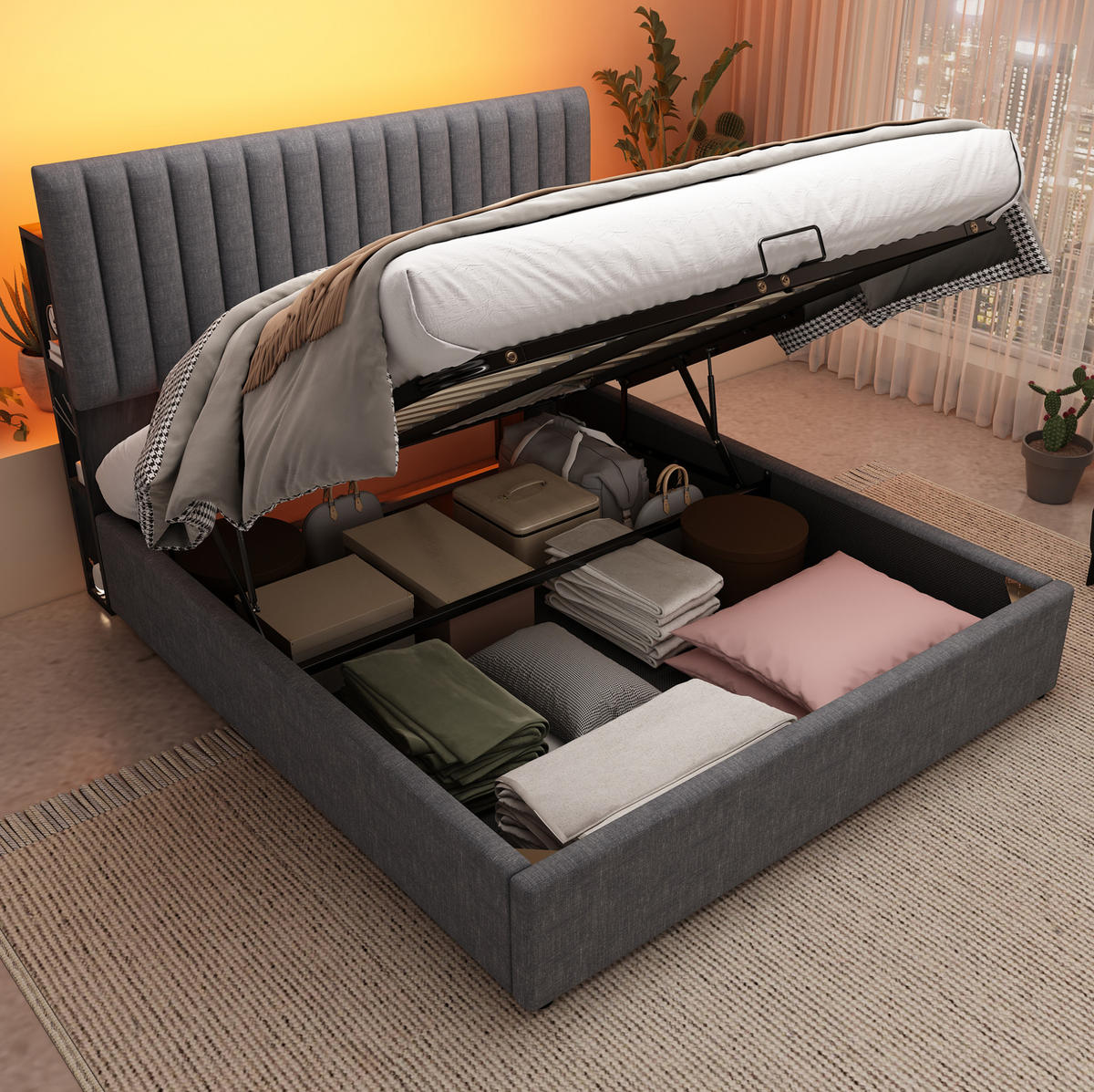 BETT mit Stauraum, LED & Matratze 160x200 cm Leinen Grau - Grau, Metall (160/200cm) - Meubliv