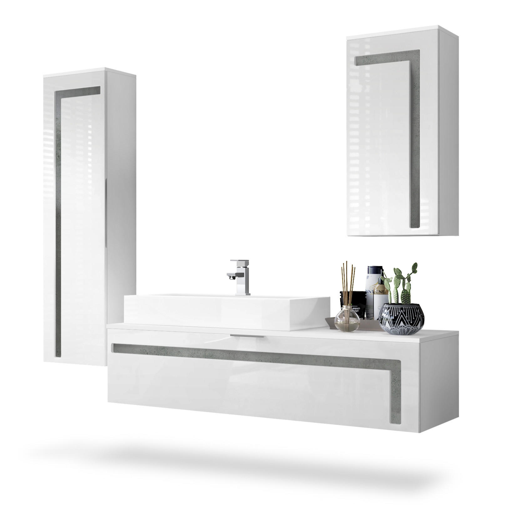 BADMÖBELSET Aloha Absetzungen in Beton Dunkel Optik - Dunkelgrau, Holzwerkstoff (210/185/51cm) - Vladon