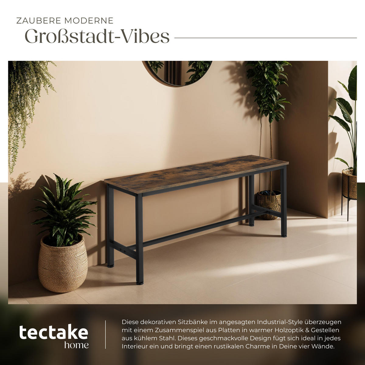 SITZBANK 2er Set Fairfield,108 x 32,5 x 50 cm,Industrial Holz dunkel, rustikal - Rostfarben, Holzwerkstoff (32.5/50/108cm) - tectake