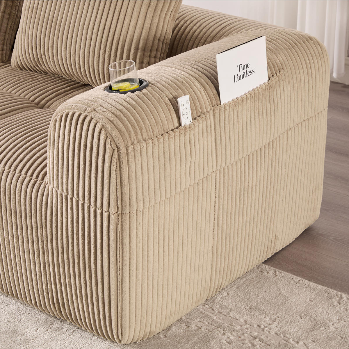 ECKSOFA Cord Khaki Mit Becherhaltern, Seitentaschen Und mit Kissen - Hellbraun, Textil (253/158cm) - WISHDOR