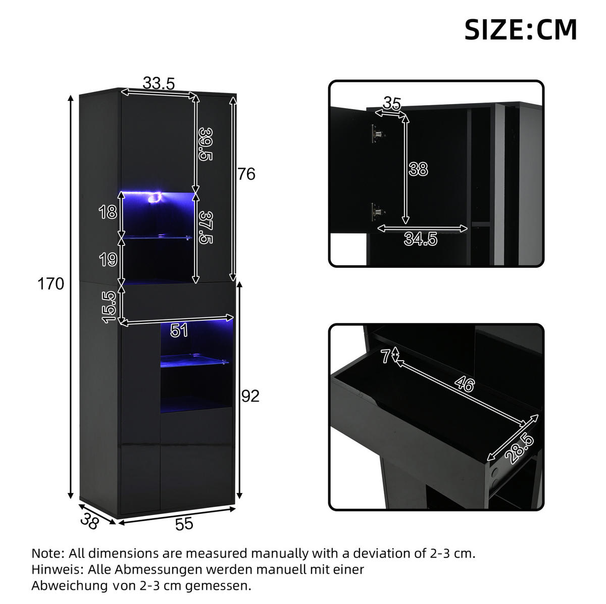 VITRINE aus Spanplatte und Glas 55x38x170 cm Schwarz mit LED-Beleuchtung, Schublade und 11 Ablageflächen - Schwarz, Holzwerkstoff (55/170/38cm) - IVMEU