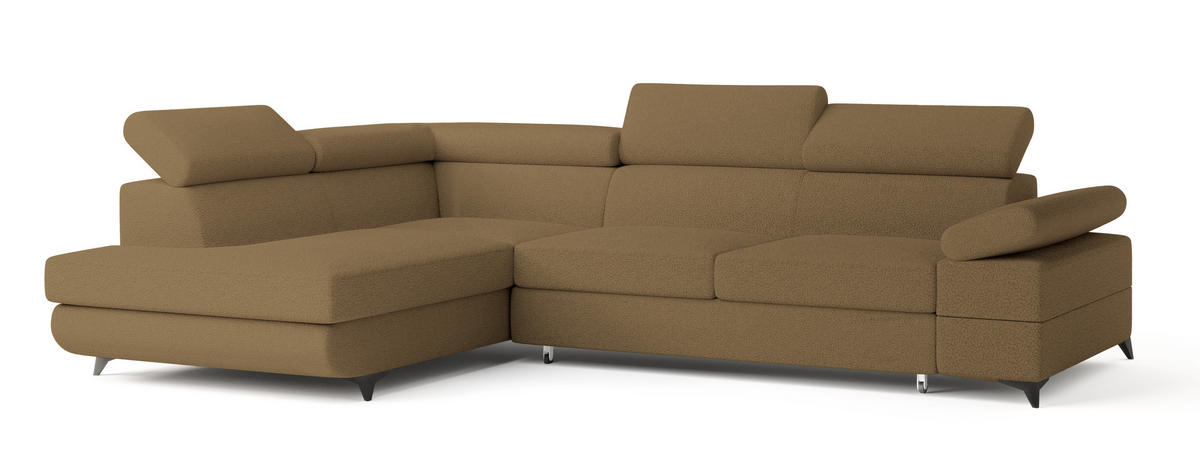 ECKSOFA FAVIEN L-S Orange Boucle-Stoff mit Schlaffunktion - Orange, Holz (257/190cm) - MASSENO