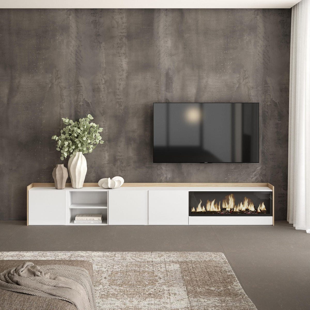 LOWBOARD, Weiß und Eiche, 315/35/50cm, Kamin mit Feuereffekt XXL - Weiß, Holzwerkstoff (315/50/35cm) - Skraut Home