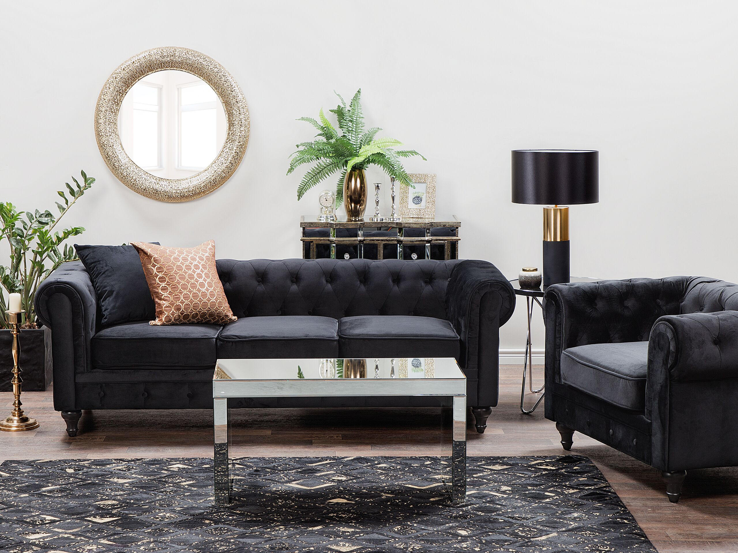 4-SITZER SOFA SET Samtstoff Schwarz Chesterfield - Schwarz, Textil (201/70/75cm) - Beliani