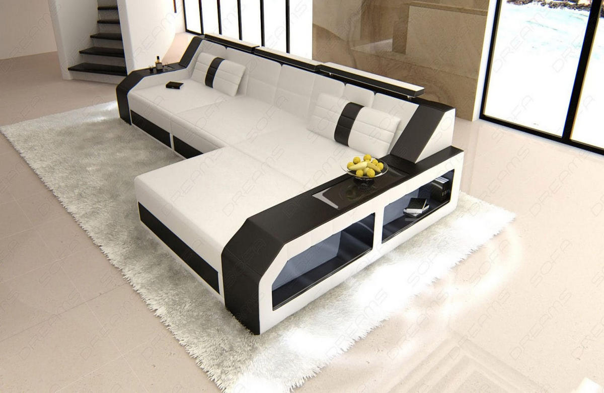 COUCH Arezzo L Weiß Schwarz Büffelleder - Weiß, Leder (308/194cm)