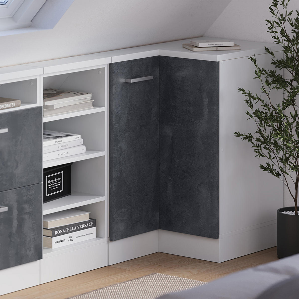 DACHSCHRÄGENSCHRANK ECKSCHRANK Rion Schwarz Beton/Weiß 75.6 x 81.6 cm mit 1 Tür - Schwarz/Weiß, Holzwerkstoff (75.6/81.6/75.6cm) - Vicco