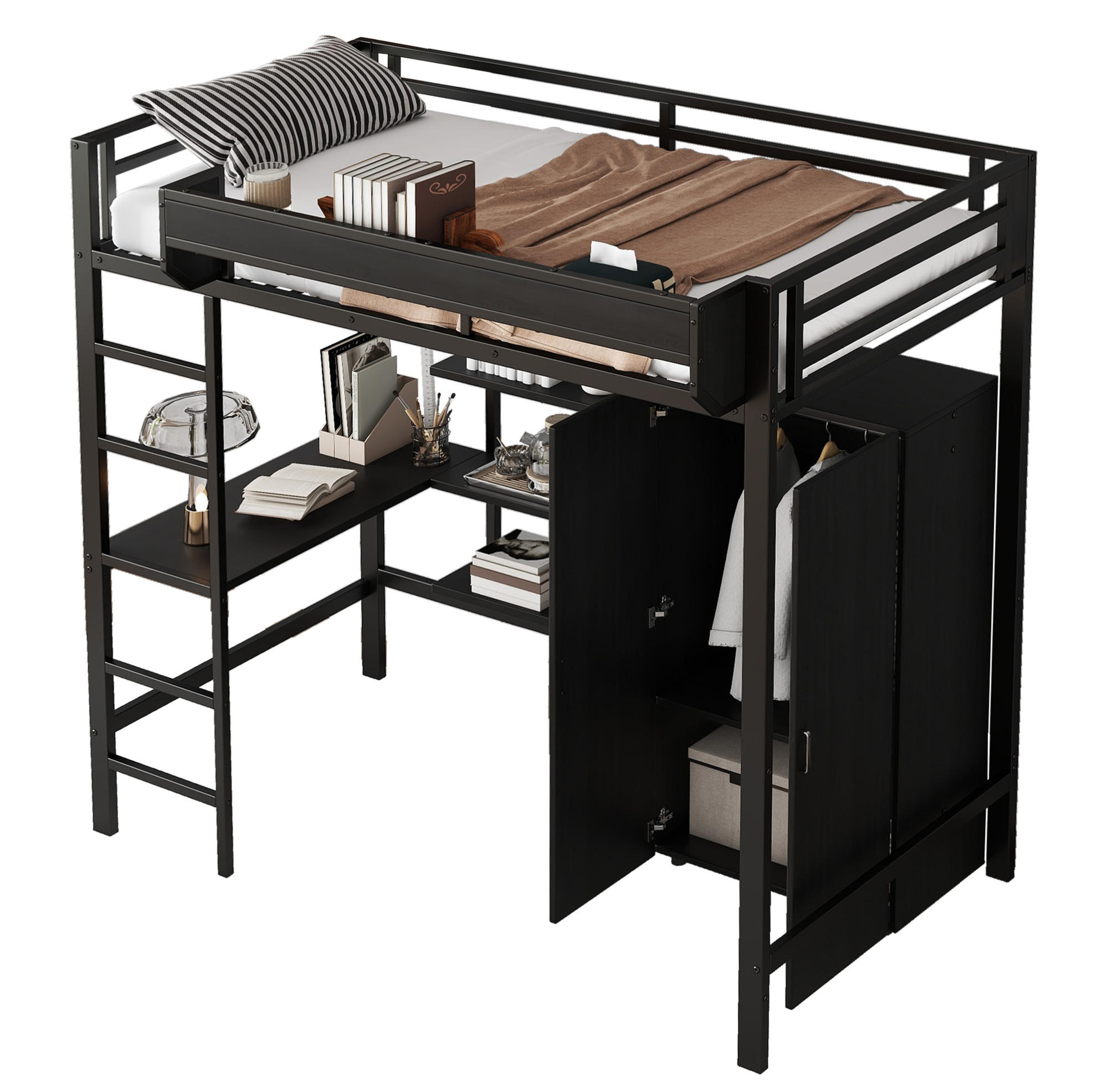 HOCHBETT 90/200 cm aus Metall und Holzwerkstoff mit Tisch und Kleiderschrank Schwarz - Weiß, Metall (90/200cm) - Modenvie