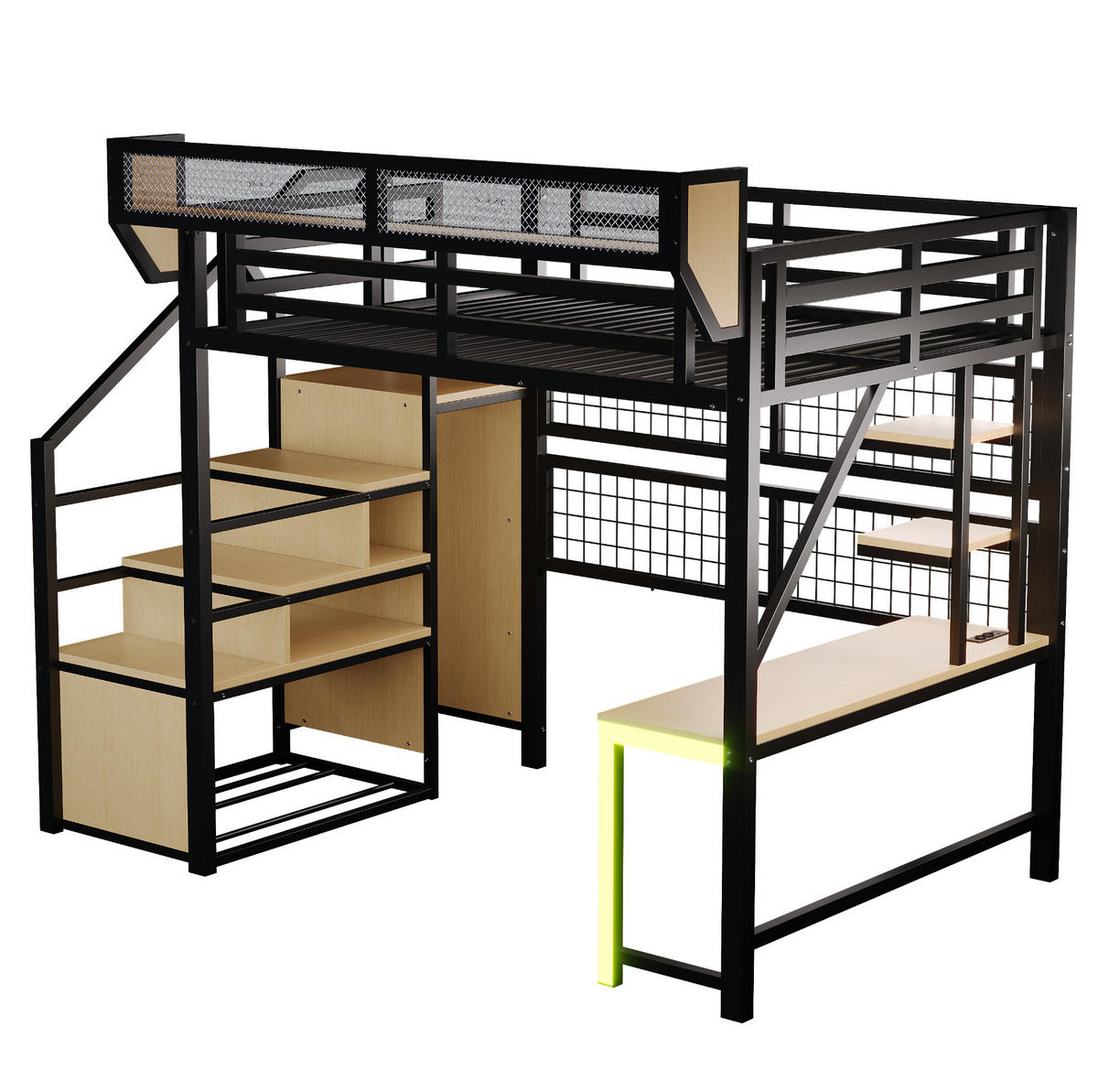 HOCHBETT 140/200 cm aus Metall mit Schreibtisch, Regal, LED-Beleuchtung und Steckdose, Schwarz - Schwarz, Metall (140/200cm) - Redom