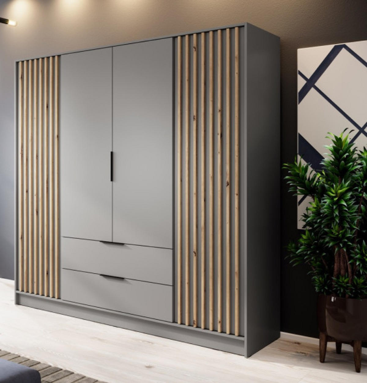 SCHRANK Grau KELLY Viertrurig Mit Lamellen 206 cm Mit Regalen - Grau, Holzwerkstoff (206/200/51cm) - Sepro Meble