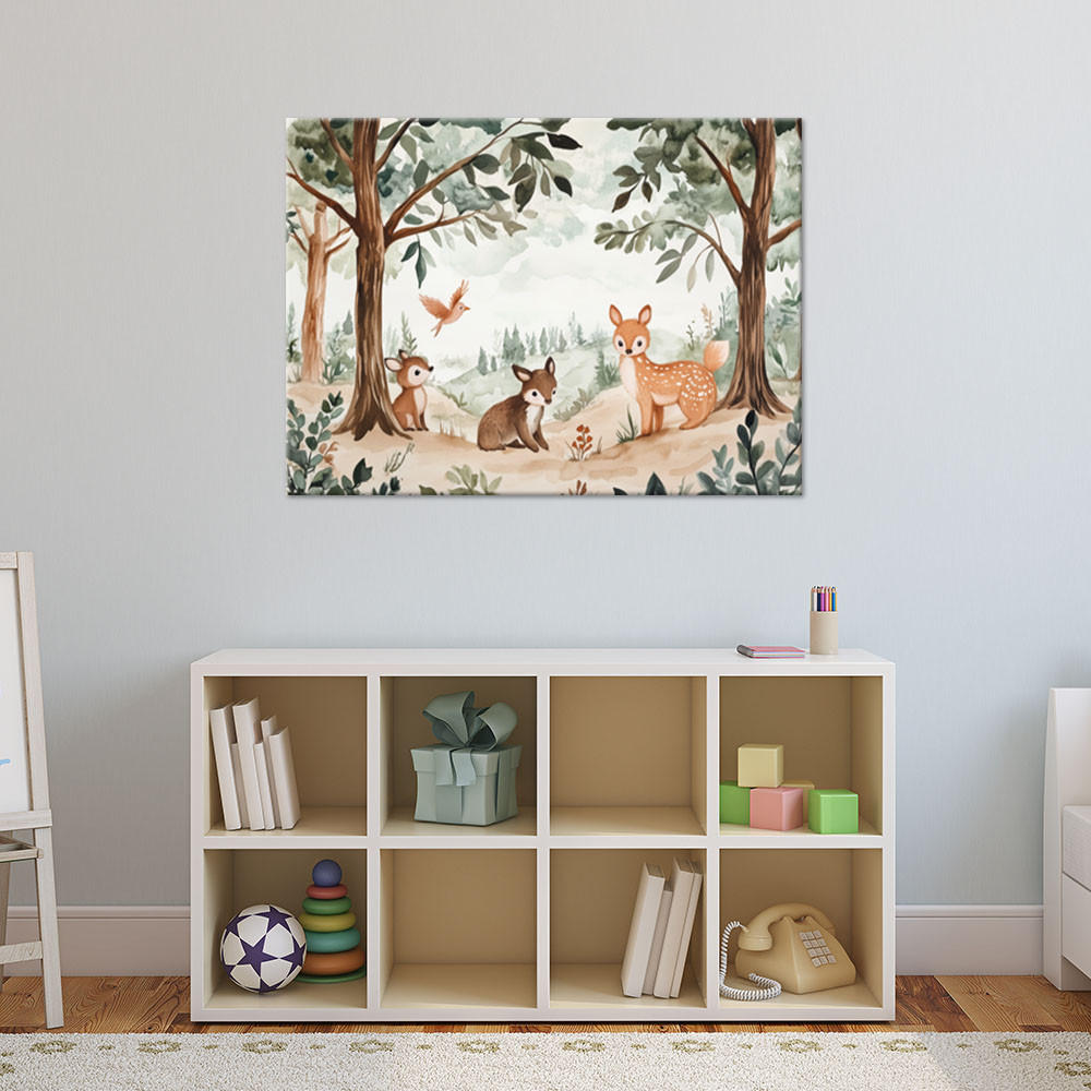 LEINWANDBILD für Kinderzimmer Hirsch Vogel Waldtier Beige - Grün, Textil (90/60cm) - Feeby
