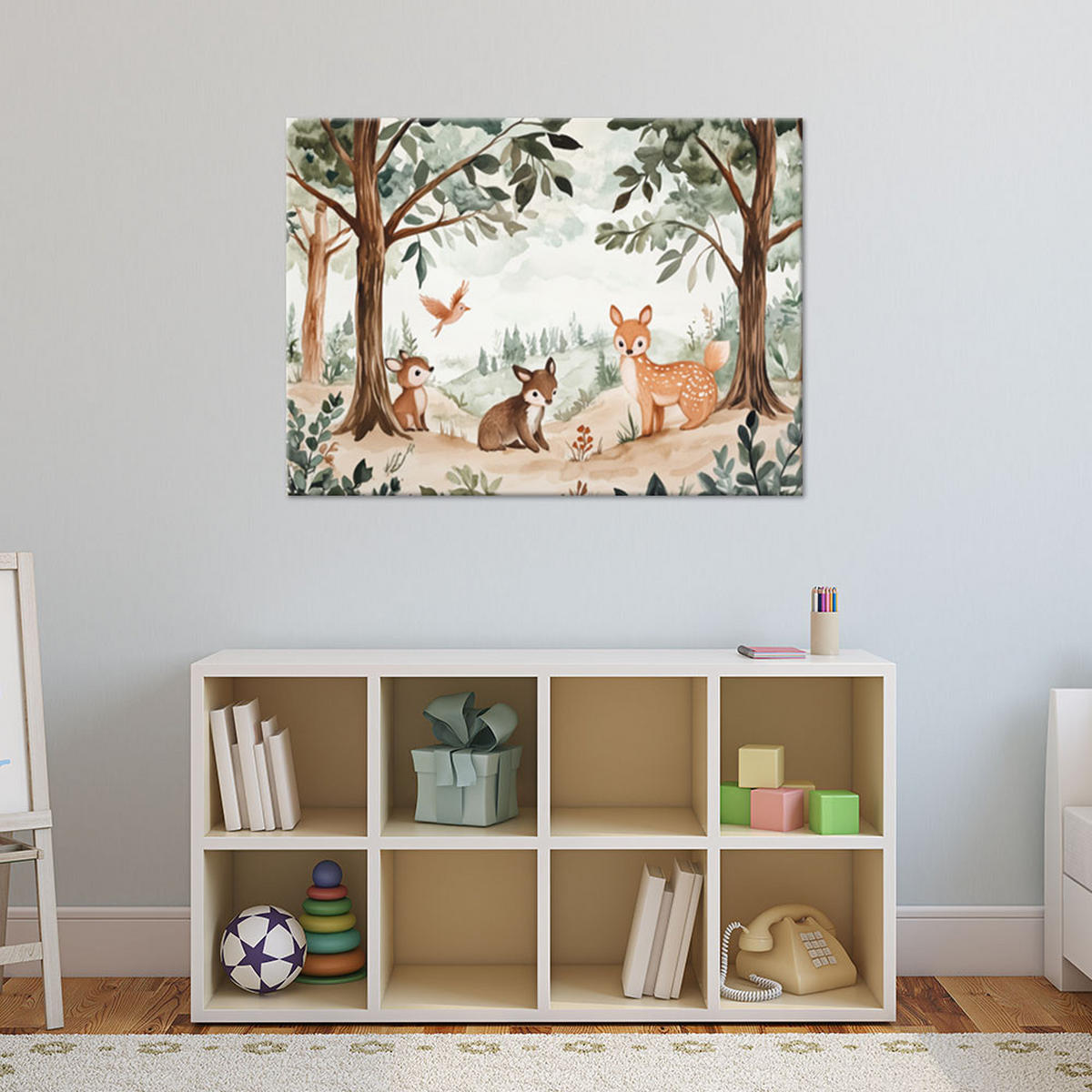LEINWANDBILD für Kinderzimmer Hirsch Vogel Waldtier Beige - Grün, Textil (90/60cm) - Feeby